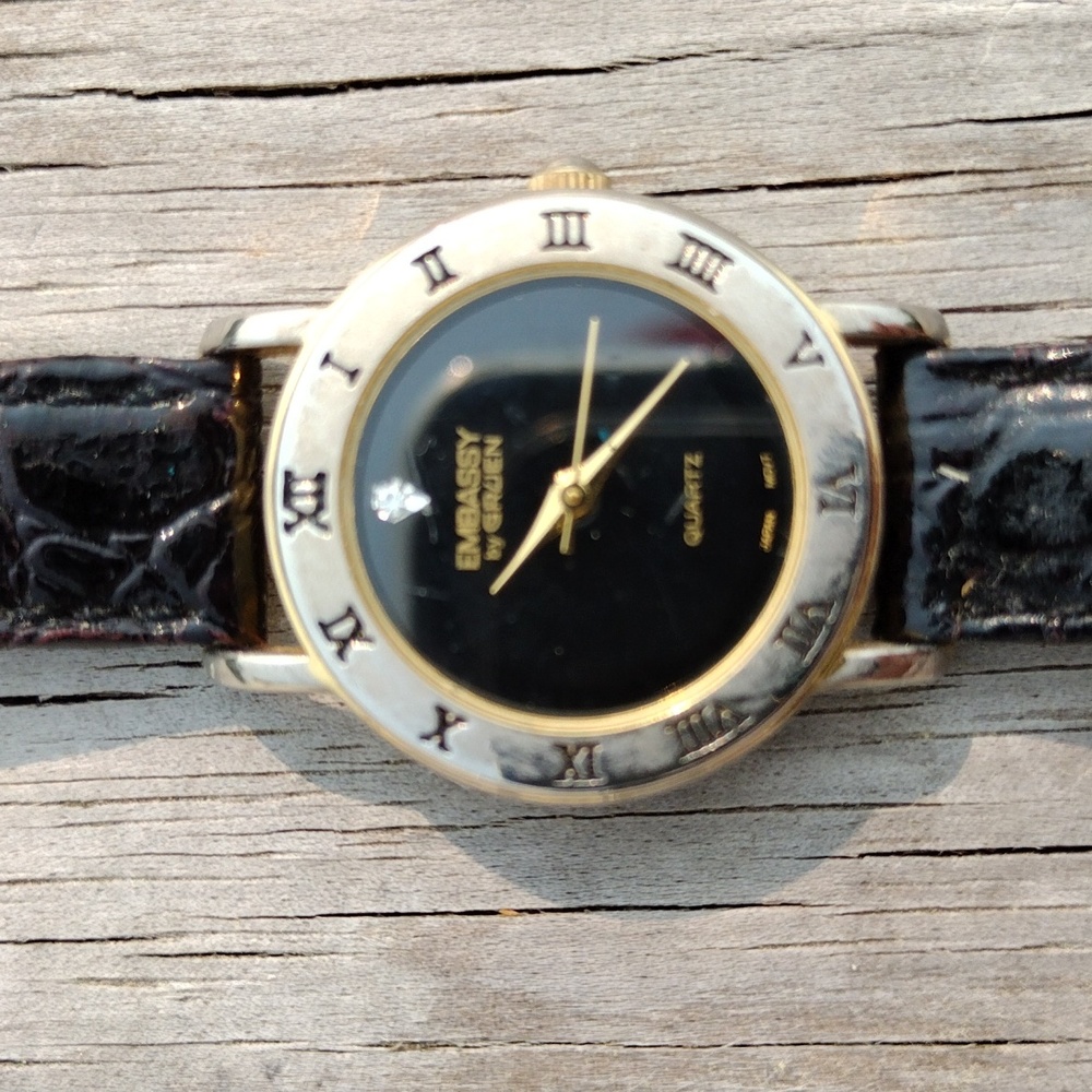 Gruen Embassy Ladies Analog Quartz Watch with Black Leather Band